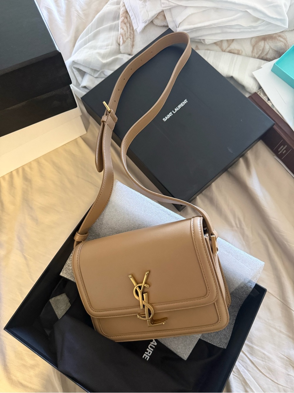 Saint Laurent Tan Leather Solferino Crossbody with Gold YSL Hardware